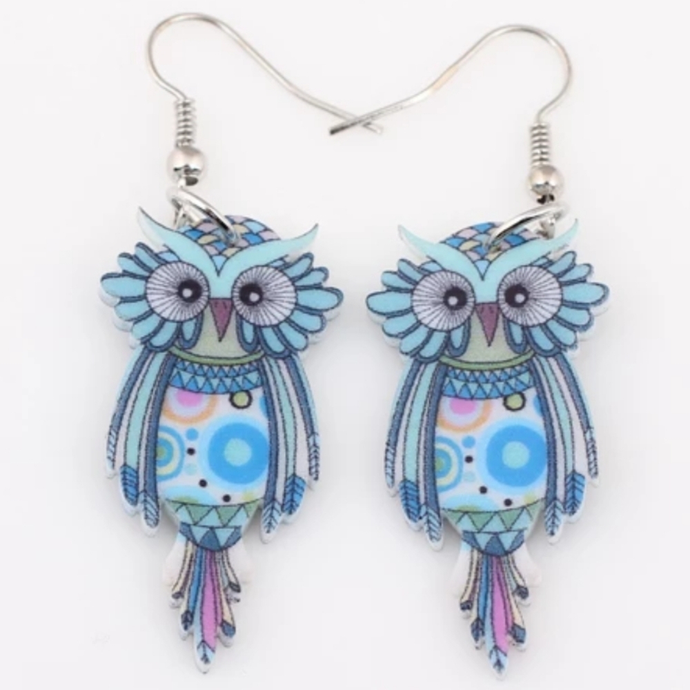 CuteTrendy Blue Owl Acrylic Dangle fishhook earrings